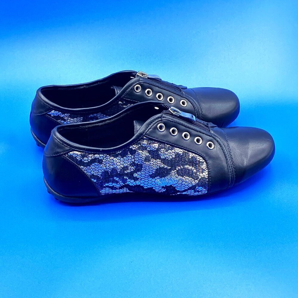 THEME Vintage Black Shoes Silver & Black Netting embellishments Zip Closure (10) - Picture 3 of 9